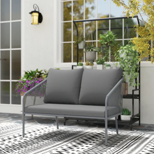 Tuinbank met kussens 2 zits rieten bank lounge bank buiten balkon bank rieten bank tuinlounge polyrattan tuinmeubelen balkonmeubelen 112 x 72 x 76 cm grijs 10