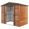 Tuinhuis metaal in houtlook 3 m² 152 x 235,7 x 208,7 cm tuinschuur met zadeldak venster dubbele schuifdeuren weerbestendig tuinhuisje outdoor tuinschuur voor achtertuin bruin 1