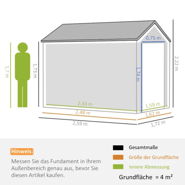 Tuinhuisje van staal 4㎡ met venster, afsluitbare tuinkast 259 x 172 x 222 cm, tuinhuis voor balkon terras donkergrijs 4