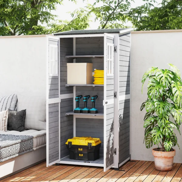 Tuinkast hout, gereedschapsschuur met afsluitbare deur 2 ramen bodemplaat asfalt zadeldak opslag 91x69x192cm, weerbestendige gereedschapskast, tuinhuis voor tuin, terras, lichtgrijs 2