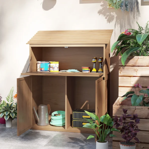 Tuinkast hout, gereedschapsschuur met trapsgewijs schuin dak, opvouwbare plank, tafel, dubbele deuren 110 x 54 x 136 cm, weerbestendige gereedschapskast, tuinhuisje tuinschuur voor tuin, terras, natuurhout 10