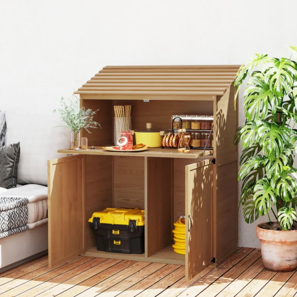 Tuinkast hout, gereedschapsschuur met trapsgewijs schuin dak, opvouwbare plank, tafel, dubbele deuren 110 x 54 x 136 cm, weerbestendige gereedschapskast, tuinhuisje tuinschuur voor tuin, terras, natuurhout 2