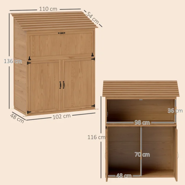 Tuinkast hout, gereedschapsschuur met trapsgewijs schuin dak, opvouwbare plank, tafel, dubbele deuren 110 x 54 x 136 cm, weerbestendige gereedschapskast, tuinhuisje tuinschuur voor tuin, terras, natuurhout 4