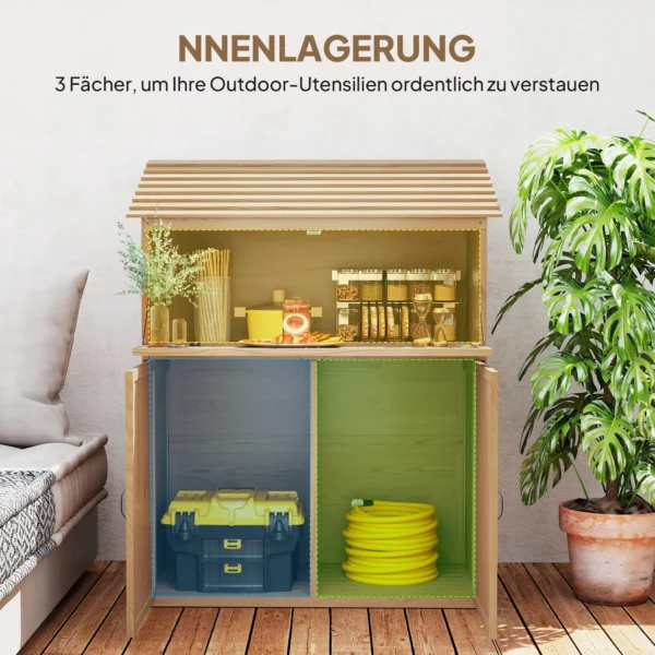 Tuinkast hout, gereedschapsschuur met trapsgewijs schuin dak, opvouwbare plank, tafel, dubbele deuren 110 x 54 x 136 cm, weerbestendige gereedschapskast, tuinhuisje tuinschuur voor tuin, terras, natuurhout 6