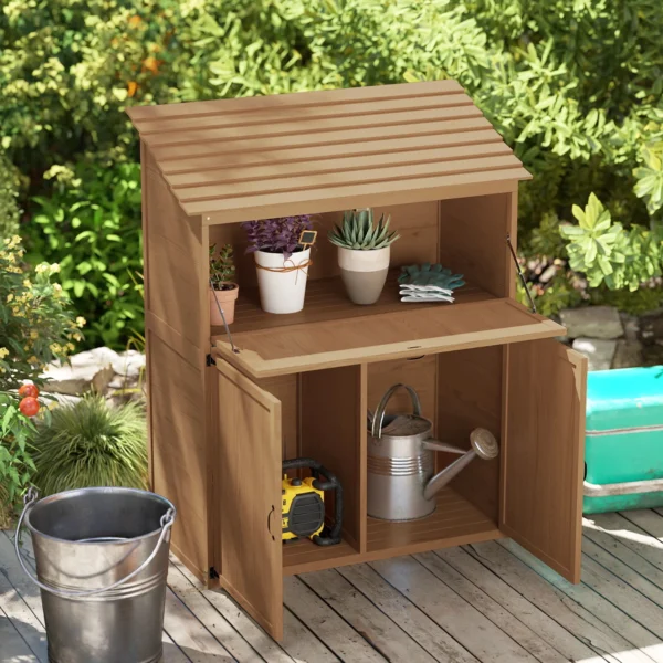 Tuinkast hout, gereedschapsschuur met trapsgewijs schuin dak, opvouwbare plank, tafel, dubbele deuren 110 x 54 x 136 cm, weerbestendige gereedschapskast, tuinhuisje tuinschuur voor tuin, terras, natuurhout 9