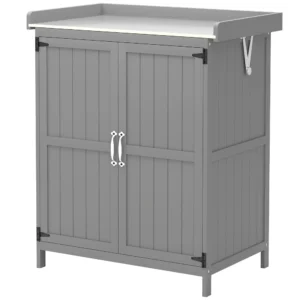 Tuinkast hout, weerbestendige gereedschapsschuur 74x43x88cm, gereedschapshuis met klapdak planken, werkblad, gereedschapskast, tuinhuis gereedschapskast tuinschuur voor tuin, terras, grijs 1