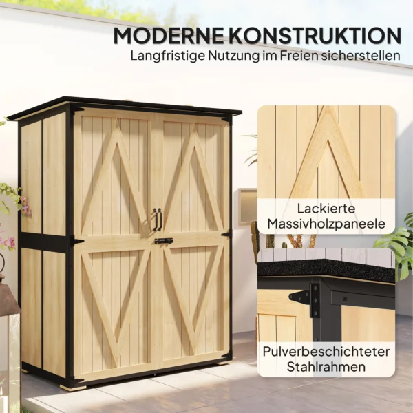 Tuinkast, houten gereedschapsschuur, weerbestendige gereedschapskast met 2 deuren, planken, gereedschapshuis met asfaltdak, gereedschapskast voor tuin, terras, 140 x 74 x 173 cm, natuurhout 5