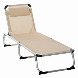 Tuinligstoel alu 5 voudig verstelbaar opvouwbaar ergonomisch, netstof beige 170x60x76cm voor tuin & terras 1