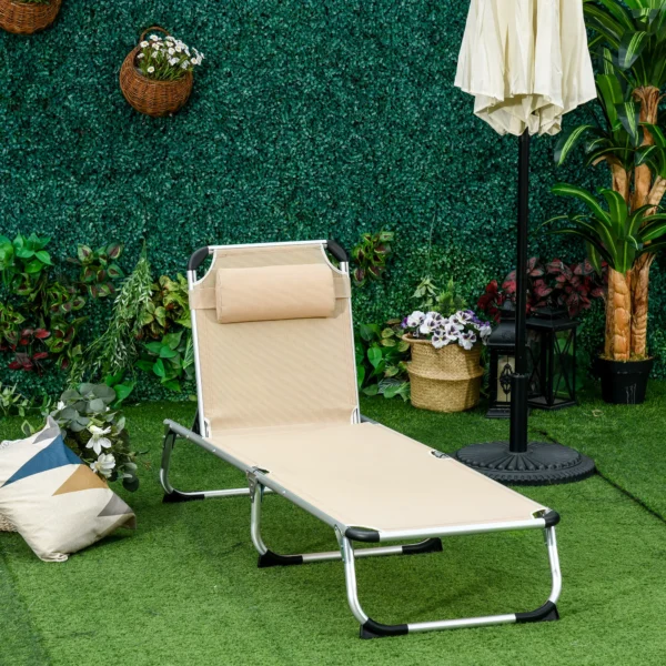 Tuinligstoel alu 5 voudig verstelbaar opvouwbaar ergonomisch, netstof beige 170x60x76cm voor tuin & terras 2