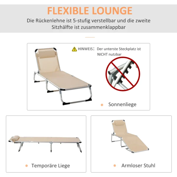 Tuinligstoel alu 5 voudig verstelbaar opvouwbaar ergonomisch, netstof beige 170x60x76cm voor tuin & terras 6