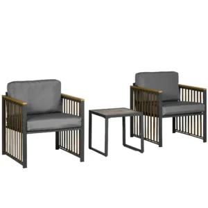 Tuinmeubelset 3 delig. bistroset met salontafel & 2 stoelen, tuinzitgroep met kussens, grijs, ideaal voor terras & balkon 1
