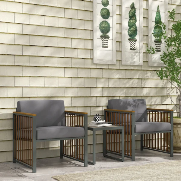 Tuinmeubelset 3 delig. bistroset met salontafel & 2 stoelen, tuinzitgroep met kussens, grijs, ideaal voor terras & balkon 2