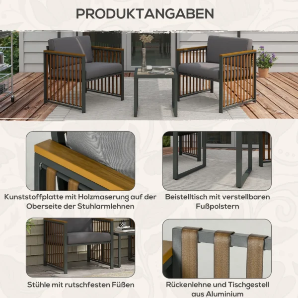 Tuinmeubelset 3 delig. bistroset met salontafel & 2 stoelen, tuinzitgroep met kussens, grijs, ideaal voor terras & balkon 8
