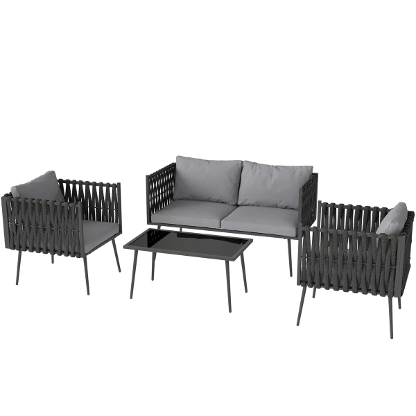 Tuinmeubelset 4 personen weerbestendig balkonmeubelset met 2 zits bank, stoel glazen tafel zitkussens outdoor zitgroep tuinset tuinlounge voor tuin balkon lichtgrijs 1