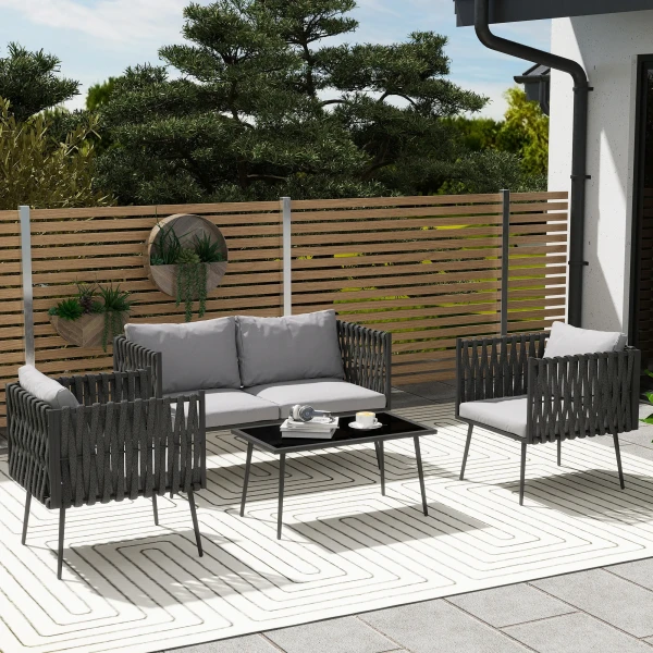 Tuinmeubelset 4 personen weerbestendig balkonmeubelset met 2 zits bank, stoel glazen tafel zitkussens outdoor zitgroep tuinset tuinlounge voor tuin balkon lichtgrijs 2