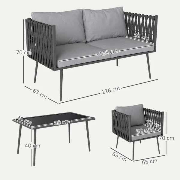Tuinmeubelset 4 personen weerbestendig balkonmeubelset met 2 zits bank, stoel glazen tafel zitkussens outdoor zitgroep tuinset tuinlounge voor tuin balkon lichtgrijs 4