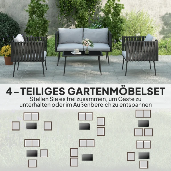 Tuinmeubelset 4 personen weerbestendig balkonmeubelset met 2 zits bank, stoel glazen tafel zitkussens outdoor zitgroep tuinset tuinlounge voor tuin balkon lichtgrijs 5