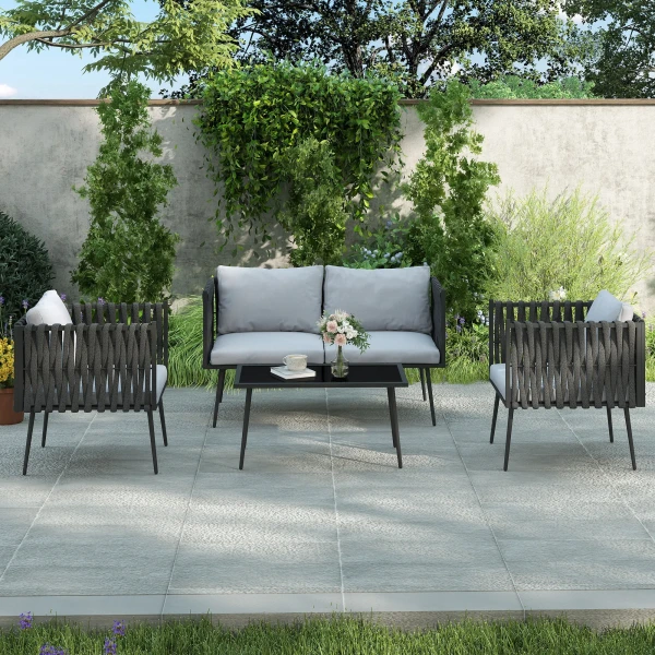 Tuinmeubelset 4 personen weerbestendig balkonmeubelset met 2 zits bank, stoel glazen tafel zitkussens outdoor zitgroep tuinset tuinlounge voor tuin balkon lichtgrijs 9