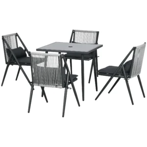 Tuinmeubelset 5 delig zitgroep met tafel en 4 stoelen, balkonmeubilair met paraplu gat, duurzaam polyester in donkergrijs 1