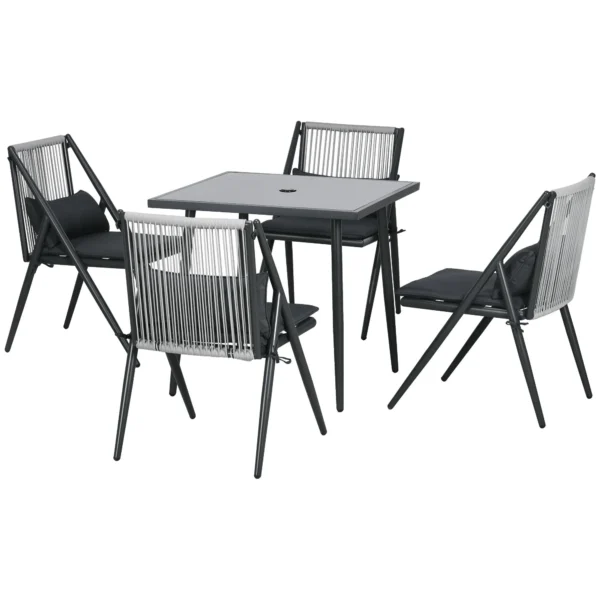Tuinmeubelset 5 delig zitgroep met tafel en 4 stoelen, balkonmeubilair met paraplu gat, duurzaam polyester in donkergrijs 1