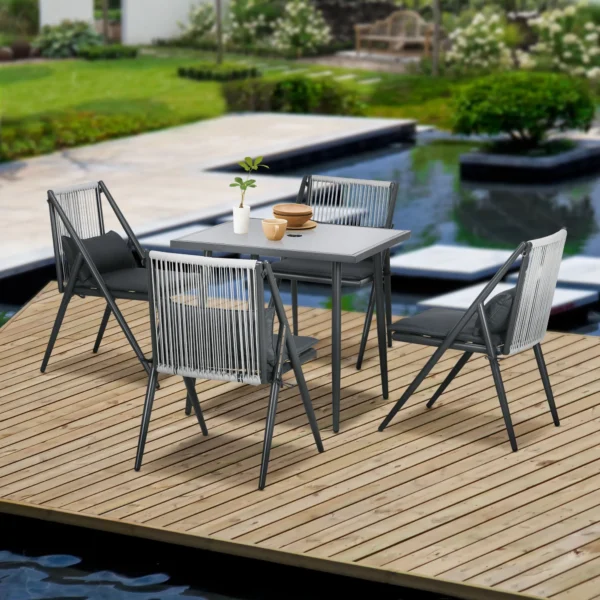 Tuinmeubelset 5 delig zitgroep met tafel en 4 stoelen, balkonmeubilair met paraplu gat, duurzaam polyester in donkergrijs 2