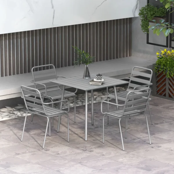 Tuinmeubelset eettafel met 4 stapelbare stoelen, tuinset van staal in lichtgrijs voor terras & balkon 2