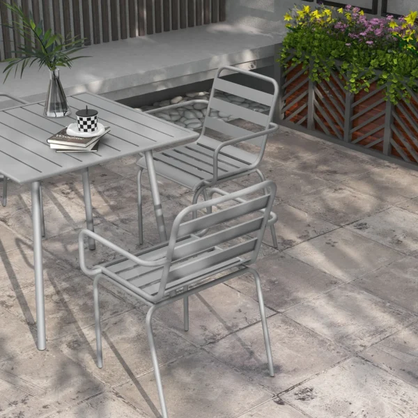 Tuinmeubelset eettafel met 4 stapelbare stoelen, tuinset van staal in lichtgrijs voor terras & balkon 8