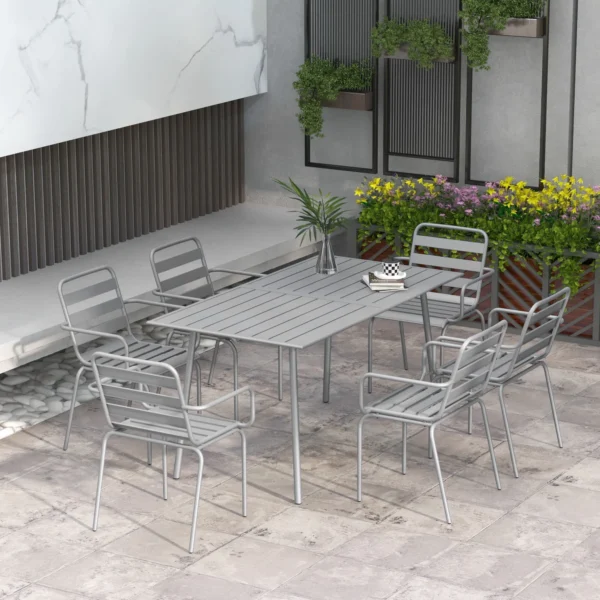 Tuinmeubelset eettafel met 6 stapelbare stoelen voor balkon & terras, staal lichtgrijs, weerbestendig & modern 2