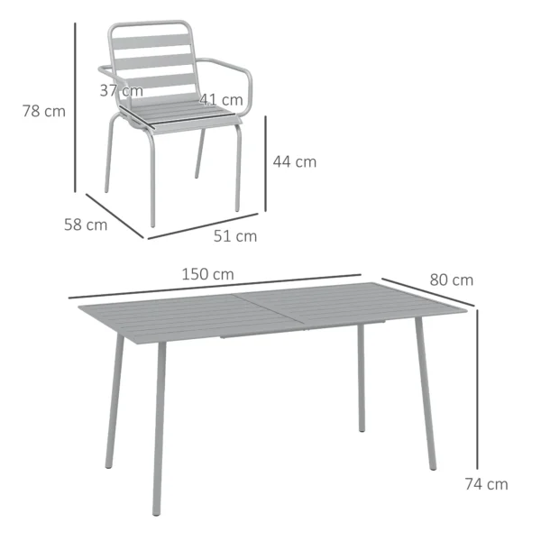 Tuinmeubelset eettafel met 6 stapelbare stoelen voor balkon & terras, staal lichtgrijs, weerbestendig & modern 4