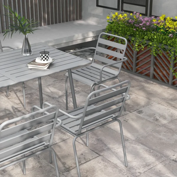 Tuinmeubelset eettafel met 6 stapelbare stoelen voor balkon & terras, staal lichtgrijs, weerbestendig & modern 8