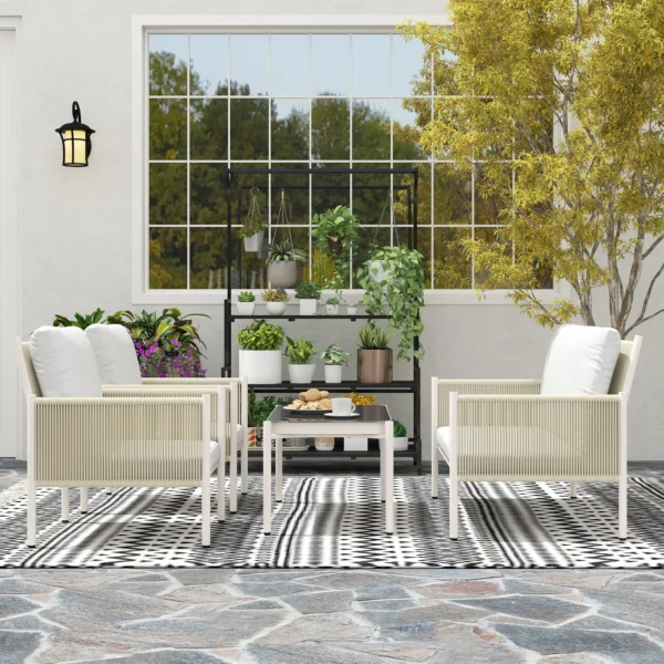 Tuinmeubelset van polyrattan lounge set met 2 zits sofa stoel glazen tafel kussens weerbestendige zitgroep voor 4 personen outdoor balkonmeubelset terrasmeubilair voor tuin balkon bruin+grijs 10