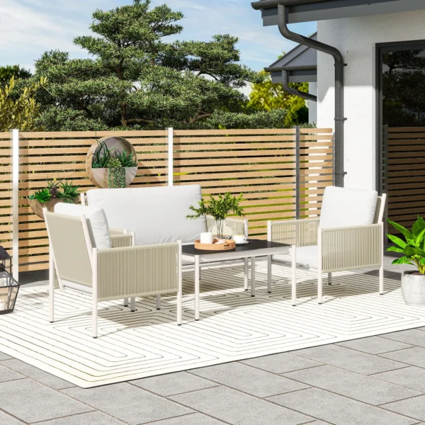 Tuinmeubelset van polyrattan lounge set met 2 zits sofa stoel glazen tafel kussens weerbestendige zitgroep voor 4 personen outdoor balkonmeubelset terrasmeubilair voor tuin balkon bruin+grijs 2
