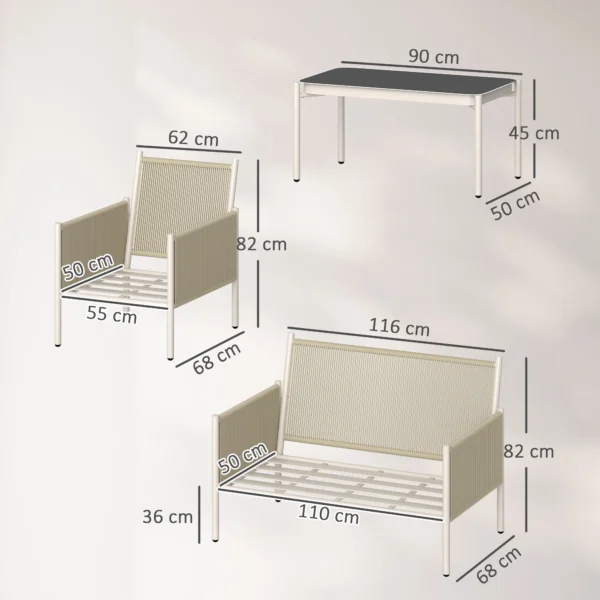 Tuinmeubelset van polyrattan lounge set met 2 zits sofa stoel glazen tafel kussens weerbestendige zitgroep voor 4 personen outdoor balkonmeubelset terrasmeubilair voor tuin balkon bruin+grijs 4