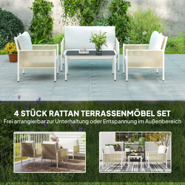Tuinmeubelset van polyrattan lounge set met 2 zits sofa stoel glazen tafel kussens weerbestendige zitgroep voor 4 personen outdoor balkonmeubelset terrasmeubilair voor tuin balkon bruin+grijs 5
