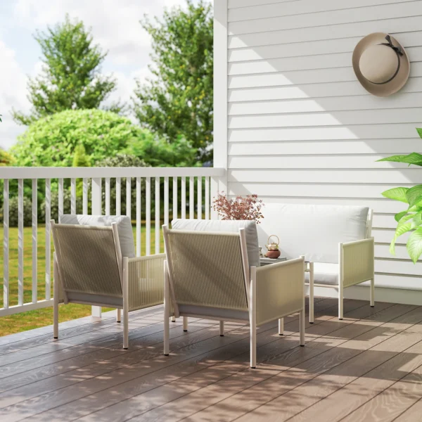 Tuinmeubelset van polyrattan lounge set met 2 zits sofa stoel glazen tafel kussens weerbestendige zitgroep voor 4 personen outdoor balkonmeubelset terrasmeubilair voor tuin balkon bruin+grijs 9