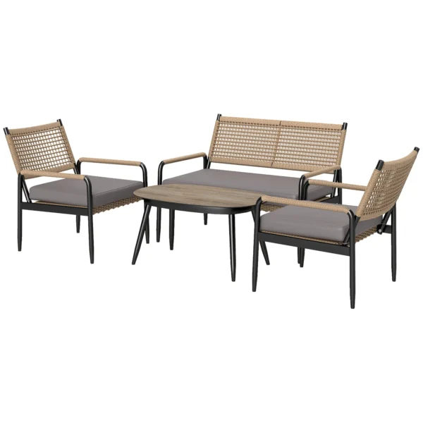 Tuinmeubelset van polyrattan lounge set met 2 zits sofa stoel glazen tafel kussens weerbestendige zitgroep voor 4 personen outdoor balkonmeubelset terrasmeubilair voor tuin balkon donkergrijs+geel 1