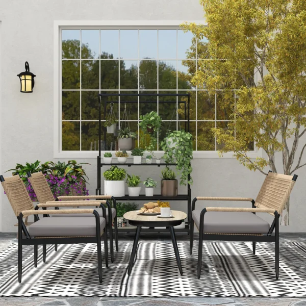 Tuinmeubelset van polyrattan lounge set met 2 zits sofa stoel glazen tafel kussens weerbestendige zitgroep voor 4 personen outdoor balkonmeubelset terrasmeubilair voor tuin balkon donkergrijs+geel 10