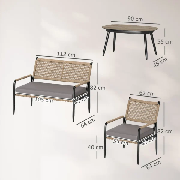 Tuinmeubelset van polyrattan lounge set met 2 zits sofa stoel glazen tafel kussens weerbestendige zitgroep voor 4 personen outdoor balkonmeubelset terrasmeubilair voor tuin balkon donkergrijs+geel 4