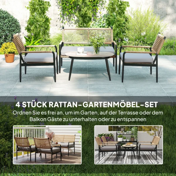 Tuinmeubelset van polyrattan lounge set met 2 zits sofa stoel glazen tafel kussens weerbestendige zitgroep voor 4 personen outdoor balkonmeubelset terrasmeubilair voor tuin balkon donkergrijs+geel 5
