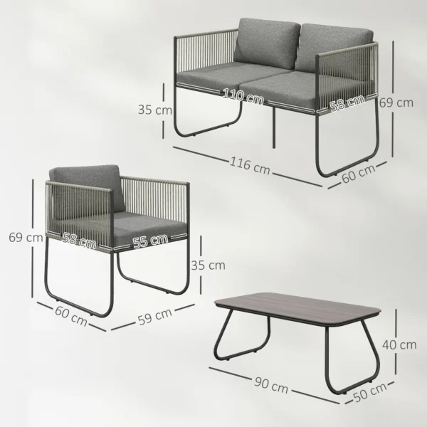Tuinmeubelset van polyrattan lounge set met sofa stoel tafel kussens weerbestendig zitgroep voor 4 personen balkonmeubelset tuinlounge terrasmeubels voor tuin balkon bruin+donkergrijs 4