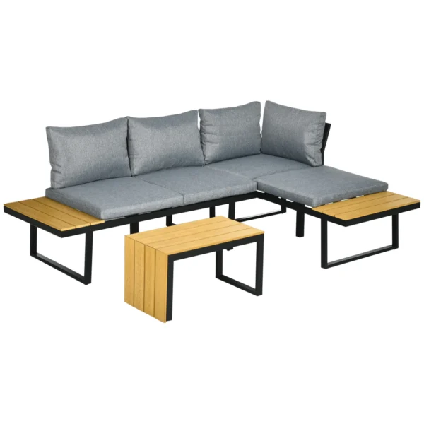 Tuinmeubelset voor 3 personen balkonmeubilair met zitkussens, aluminium frame in houtlook, donkergrijs & natuur 1