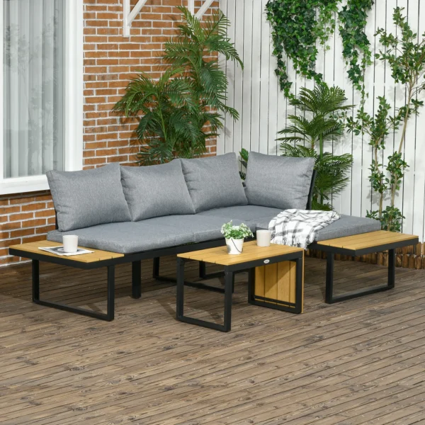 Tuinmeubelset voor 3 personen balkonmeubilair met zitkussens, aluminium frame in houtlook, donkergrijs & natuur 2
