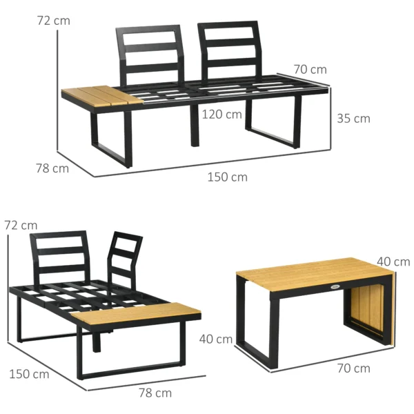 Tuinmeubelset voor 3 personen balkonmeubilair met zitkussens, aluminium frame in houtlook, donkergrijs & natuur 4