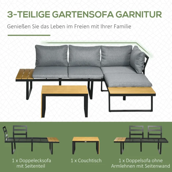 Tuinmeubelset voor 3 personen balkonmeubilair met zitkussens, aluminium frame in houtlook, donkergrijs & natuur 5