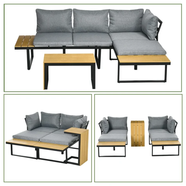 Tuinmeubelset voor 3 personen balkonmeubilair met zitkussens, aluminium frame in houtlook, donkergrijs & natuur 8