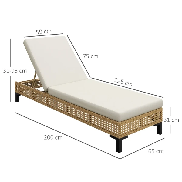 Tuinmeubilair zonneligstoel 3 traps verstelbaar met kussen, rattan ligstoel van staal, natuur 65 x 200 x 31 cm voor tuin & terras 4