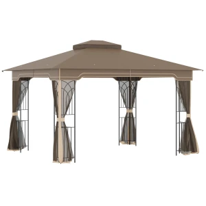 Tuinpaviljoen 3,65x3m feesttent met dubbeldak en muggennet van metaal in bruin en beige voor tuinfeesten 1