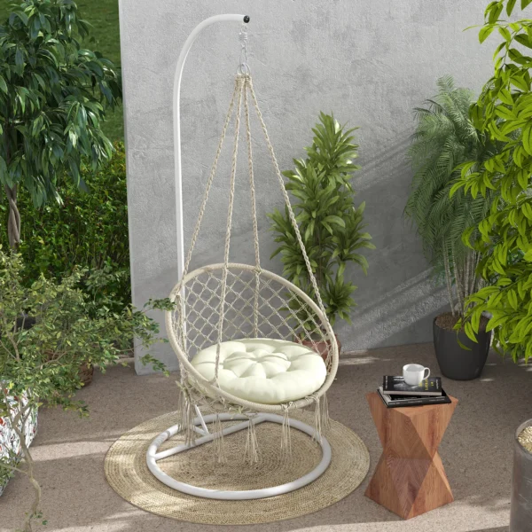 Tuinstoelkussen zitkussen voor maanstoel met 10 cm vulling, comfortabel stoelkussen van polyester in beige voor tuinmeubilair 2