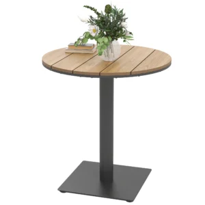 Tuintafel Ø70 cm, weerbestendig rond balkontafel met lameldesign, stalen eettafel buiten, campingtafel bijzettafel, terrastafel voor tuin terras balkon natuurhout 1
