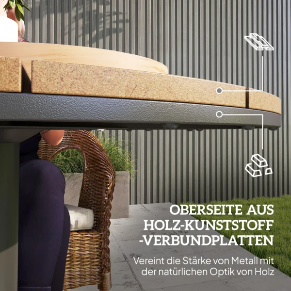 Tuintafel Ø70 cm, weerbestendig rond balkontafel met lameldesign, stalen eettafel buiten, campingtafel bijzettafel, terrastafel voor tuin terras balkon natuurhout 7